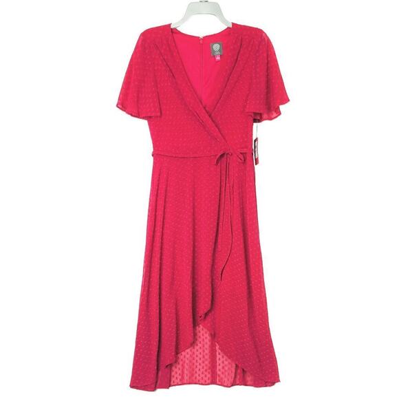 New VINCE CAMUTO Women's Clip Dot Flowy Fit & Flare Party Faux Wrap Midi Dress - Picture 5 of 11